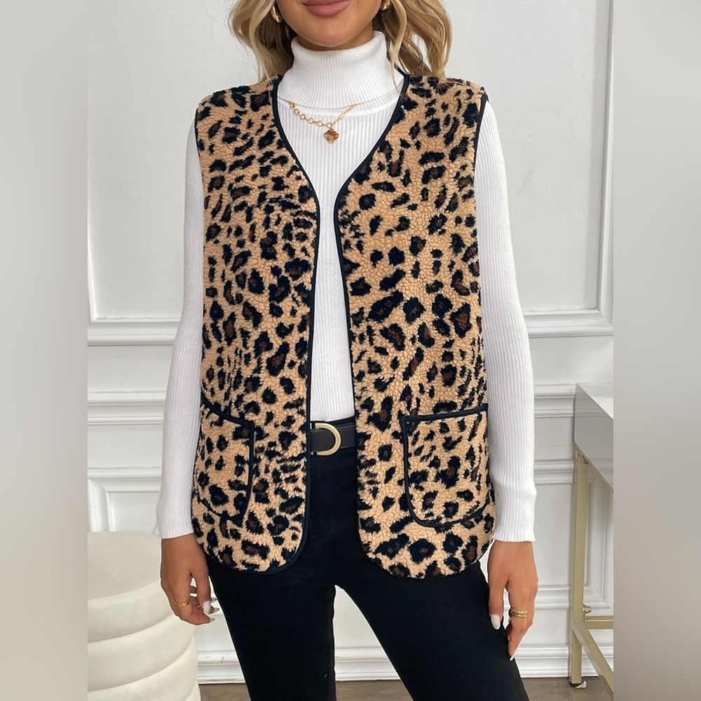 Leopard Fleece Vest Coat with Pockets